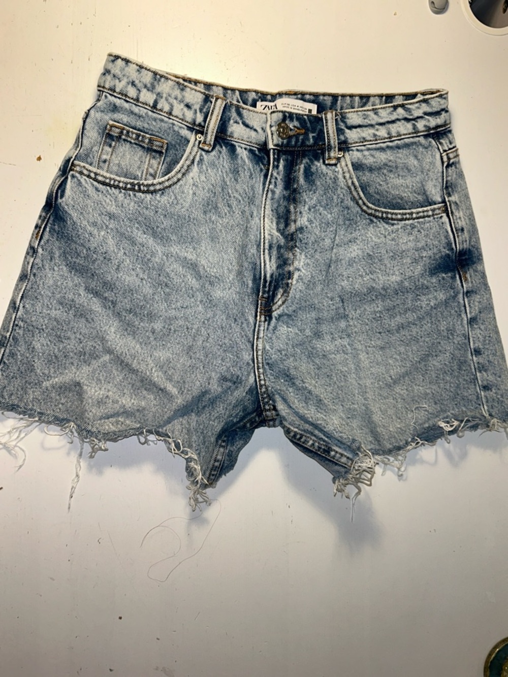 ZARA Light Blue Washed Denim Shorts with Frayed Hem